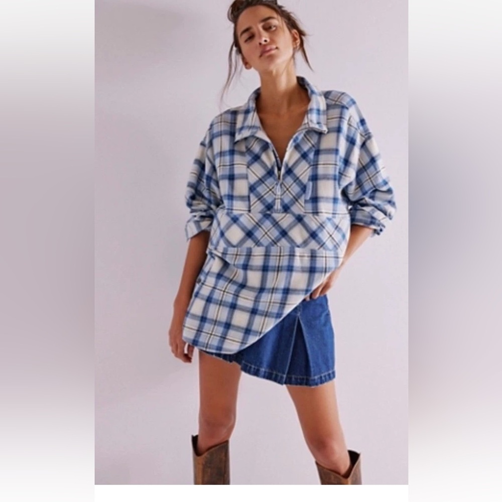 Free People Wind River Plaid Shirt We The Free Zip Pockets Blue Combo